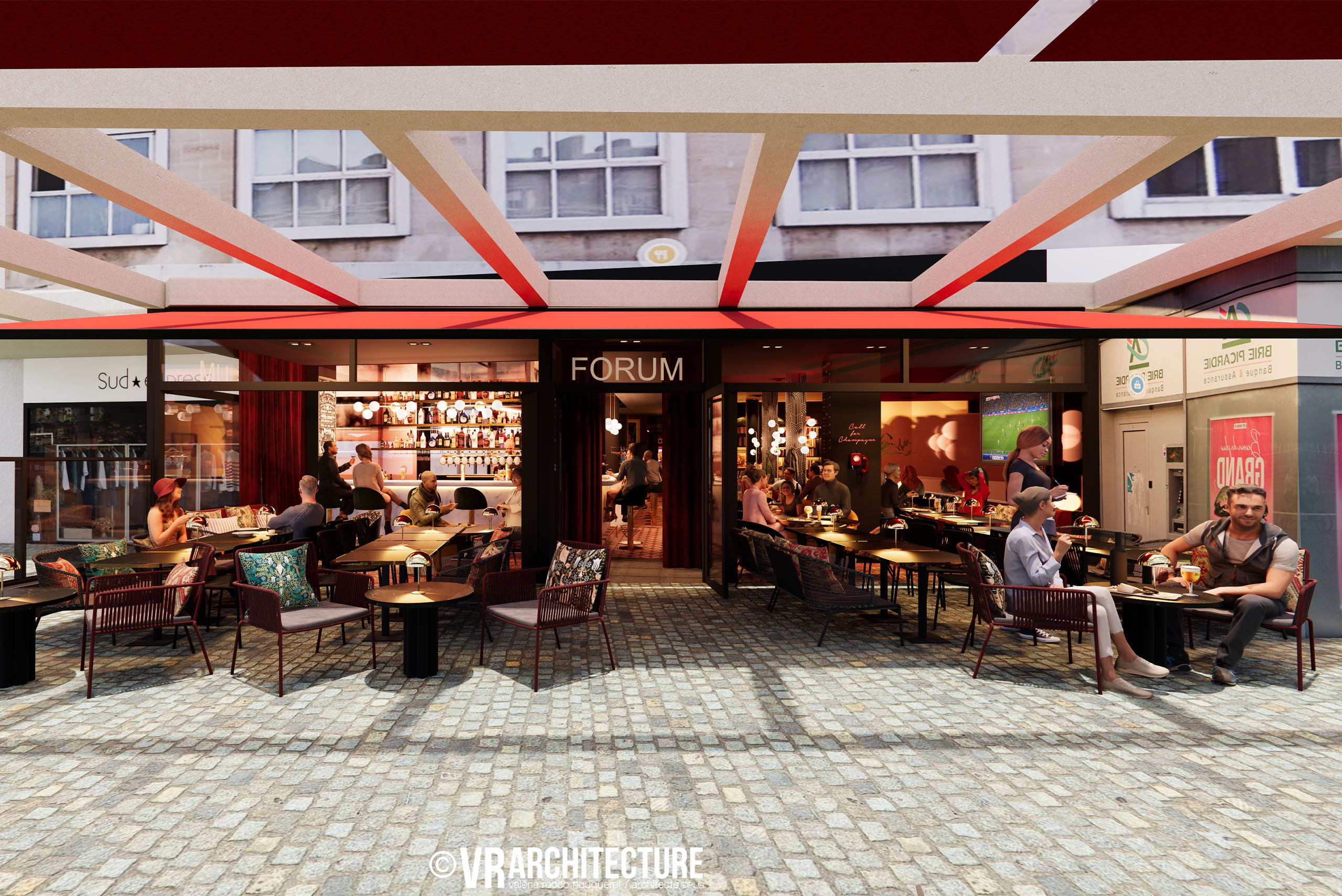 Ambiance-cosy-et-rouge-dans-brasserie-bar Espace bar chaleureux dans une brasserie rénovée, mélange de rouge et matériaux nobles, ambiance accueillante, projet d’architecture à Amiens conçu depuis Lille.