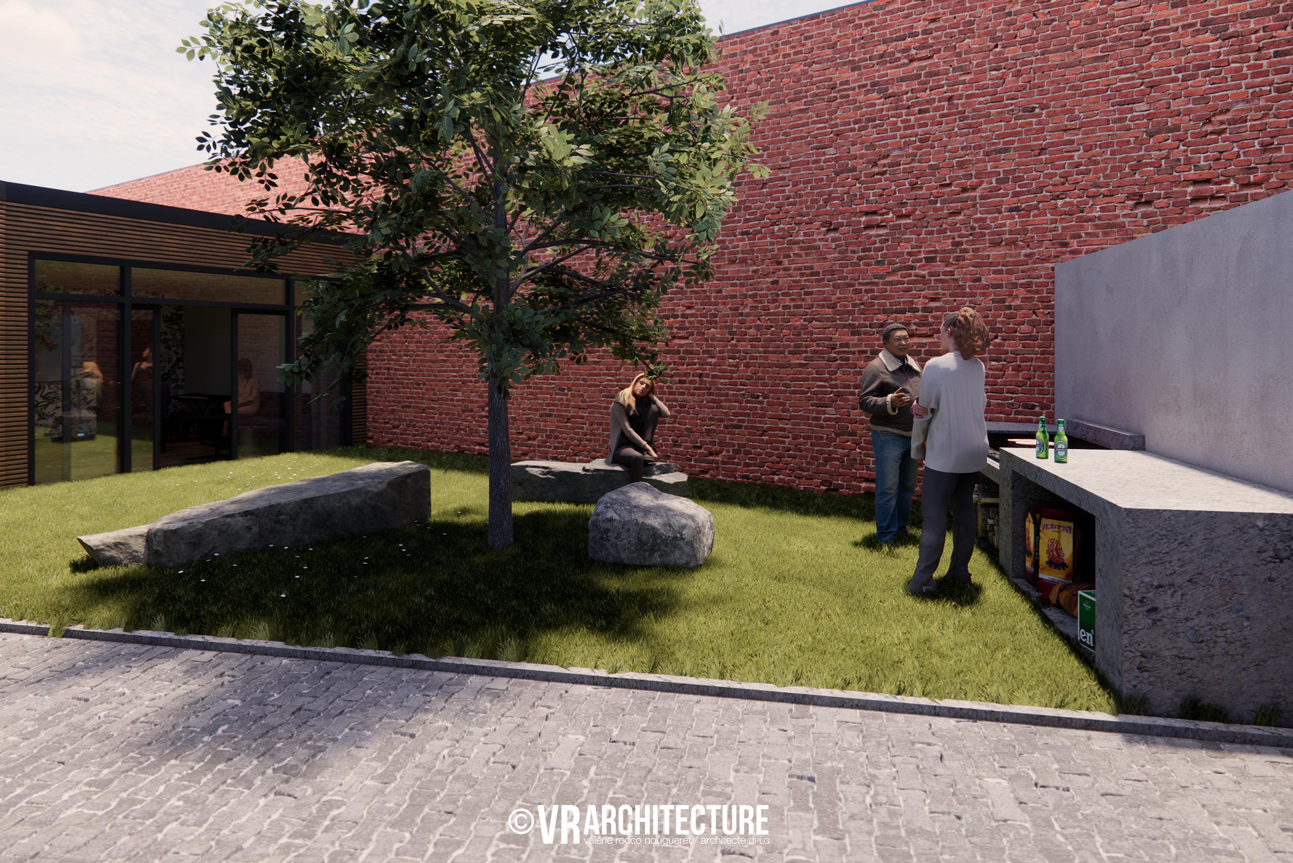 Zone barbecue aménagée dans l’espace extérieur végétalisé du bâtiment réhabilité.