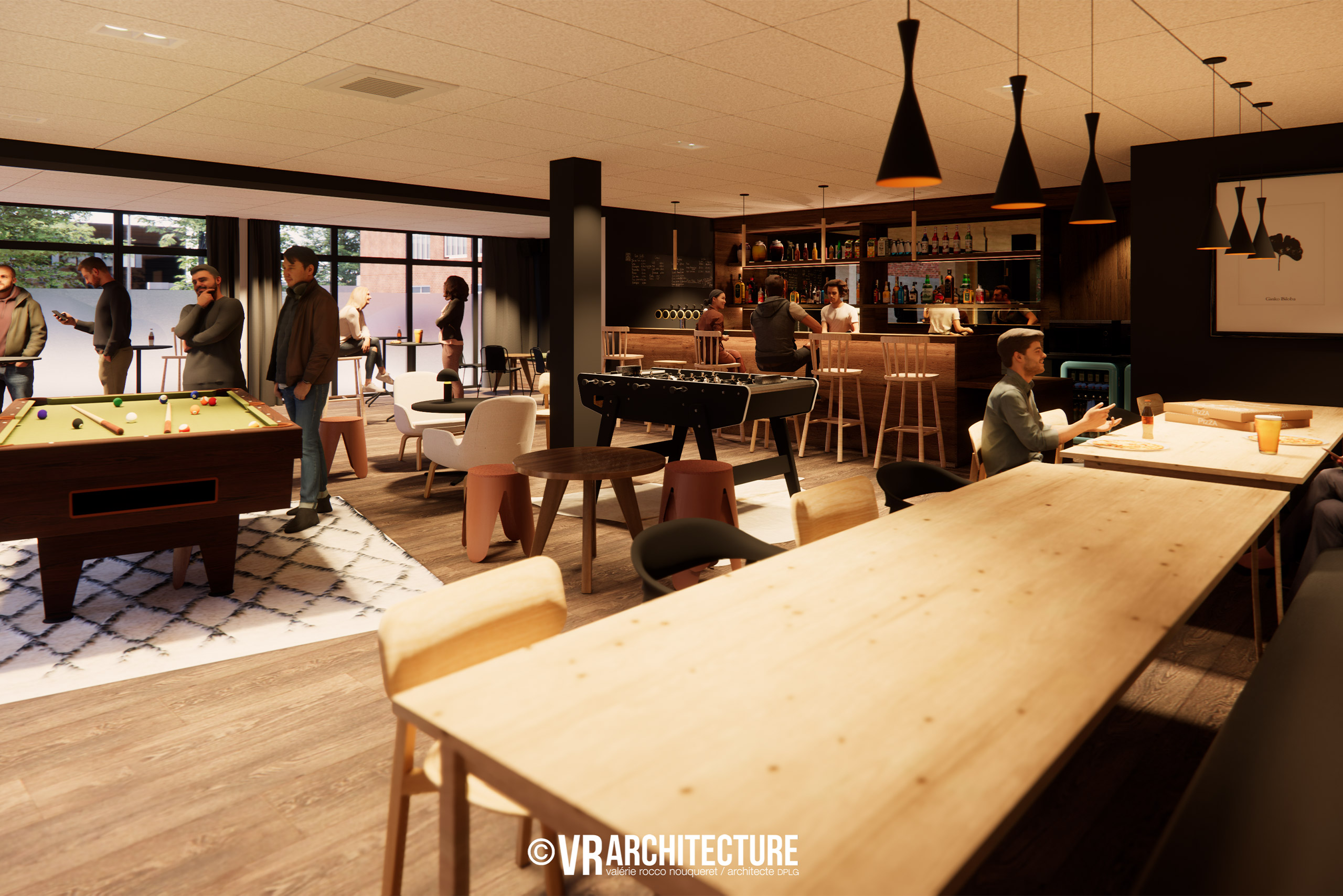 Espace bar moderne et convivial intégré dans le projet de réhabilitation d’un local d’activité.