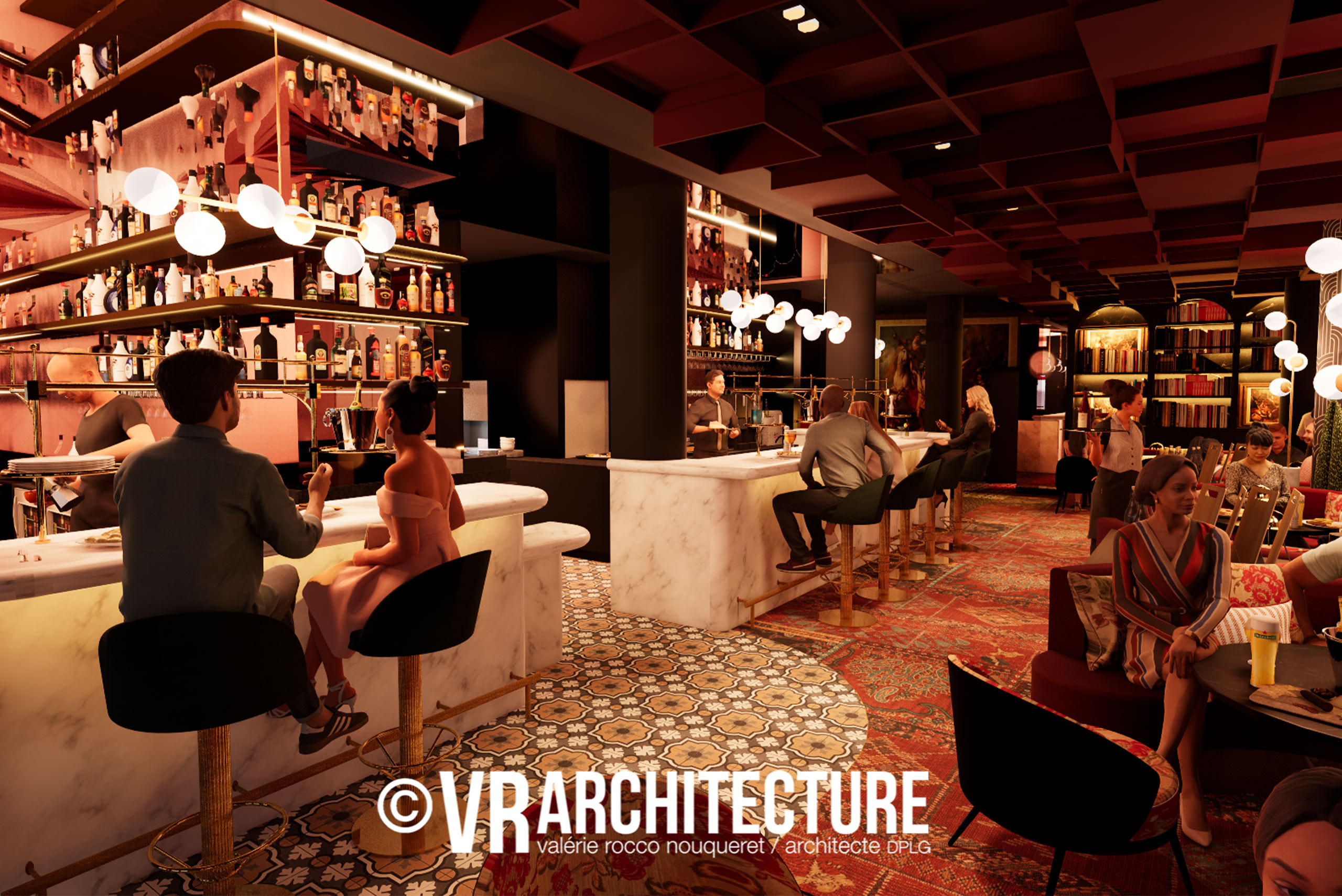 Intérieur-rouge-et-convivial-d’un-bar-à-Amiens Bar de restaurant avec comptoir en marbre et granit dans une ambiance rouge et conviviale, rénovation contemporaine d’une brasserie à Amiens par une agence lilloise.