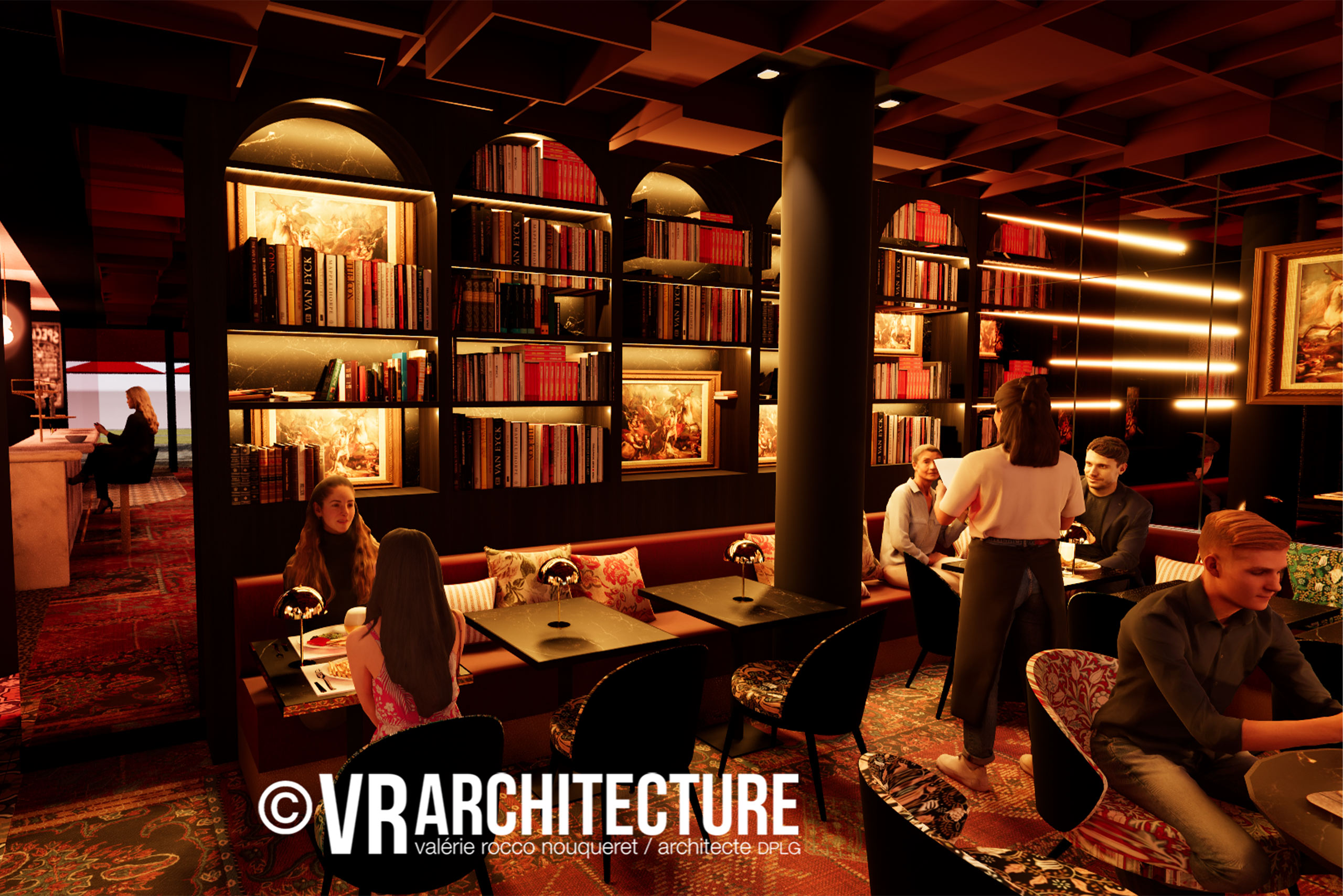 Rénovation-de-restaurant-à-Amiens-par-architectes-de-Lille Intérieur de restaurant moderne à Amiens avec touches rouges, bar en marbre et granit, éclairage cosy, conception architecturale réalisée par une agence de Lille.