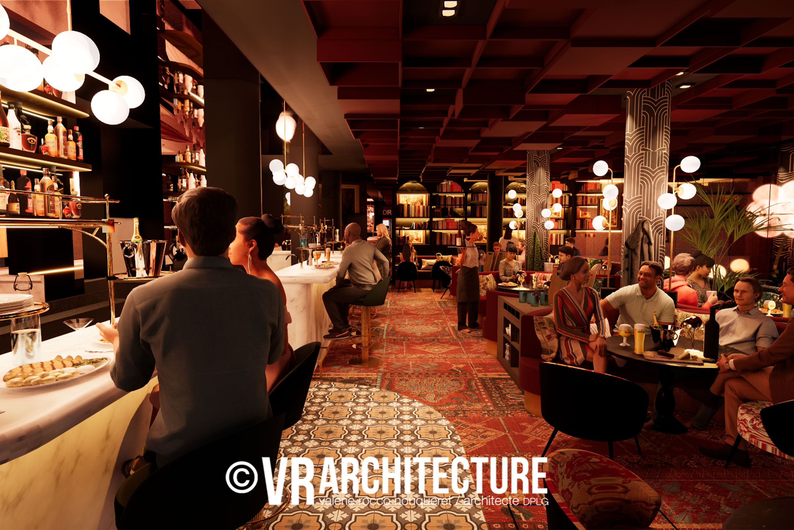 Rénovation-de-restaurant-bar-à-Amiens-par-architectes-de-Lille Bar élégant en marbre poli dans un restaurant amiénois rénové, ambiance rouge et design chaleureux.