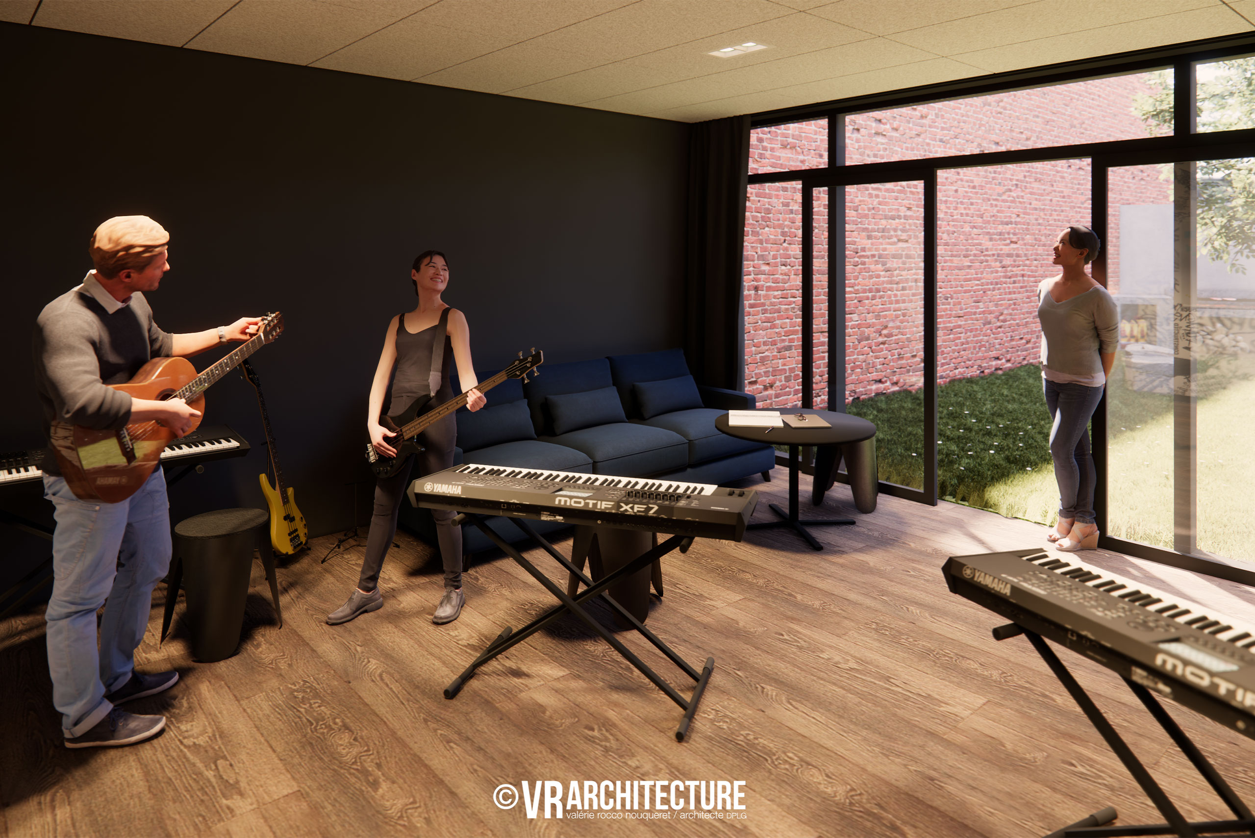 Salle de musique spécialement aménagée avec traitement acoustique, intégrée au projet de réhabilitation d’un ancien local d’activité à Douai.