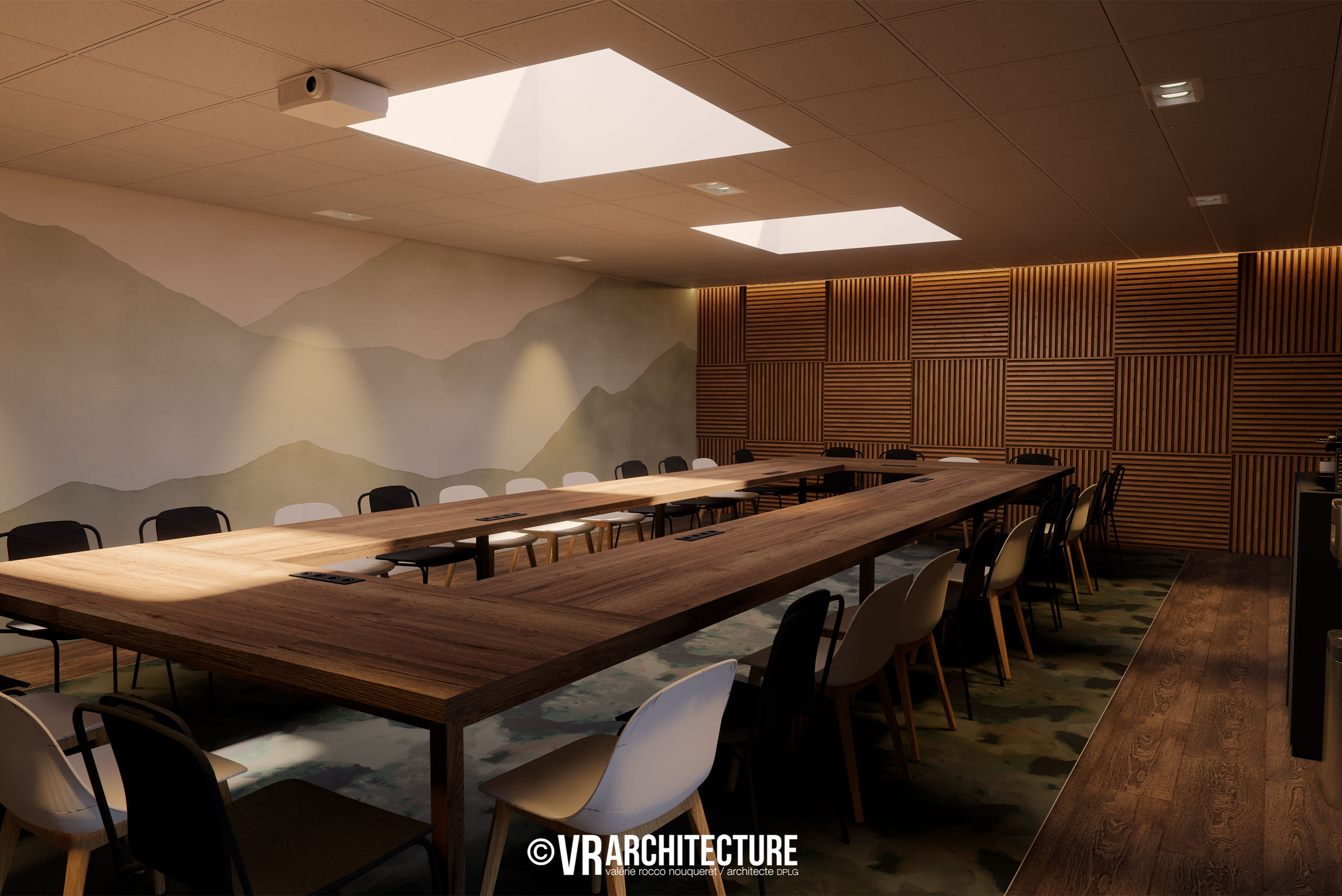 Salle de réunion lumineux avec mobilier contemporain dans un bâtiment entièrement rénové.